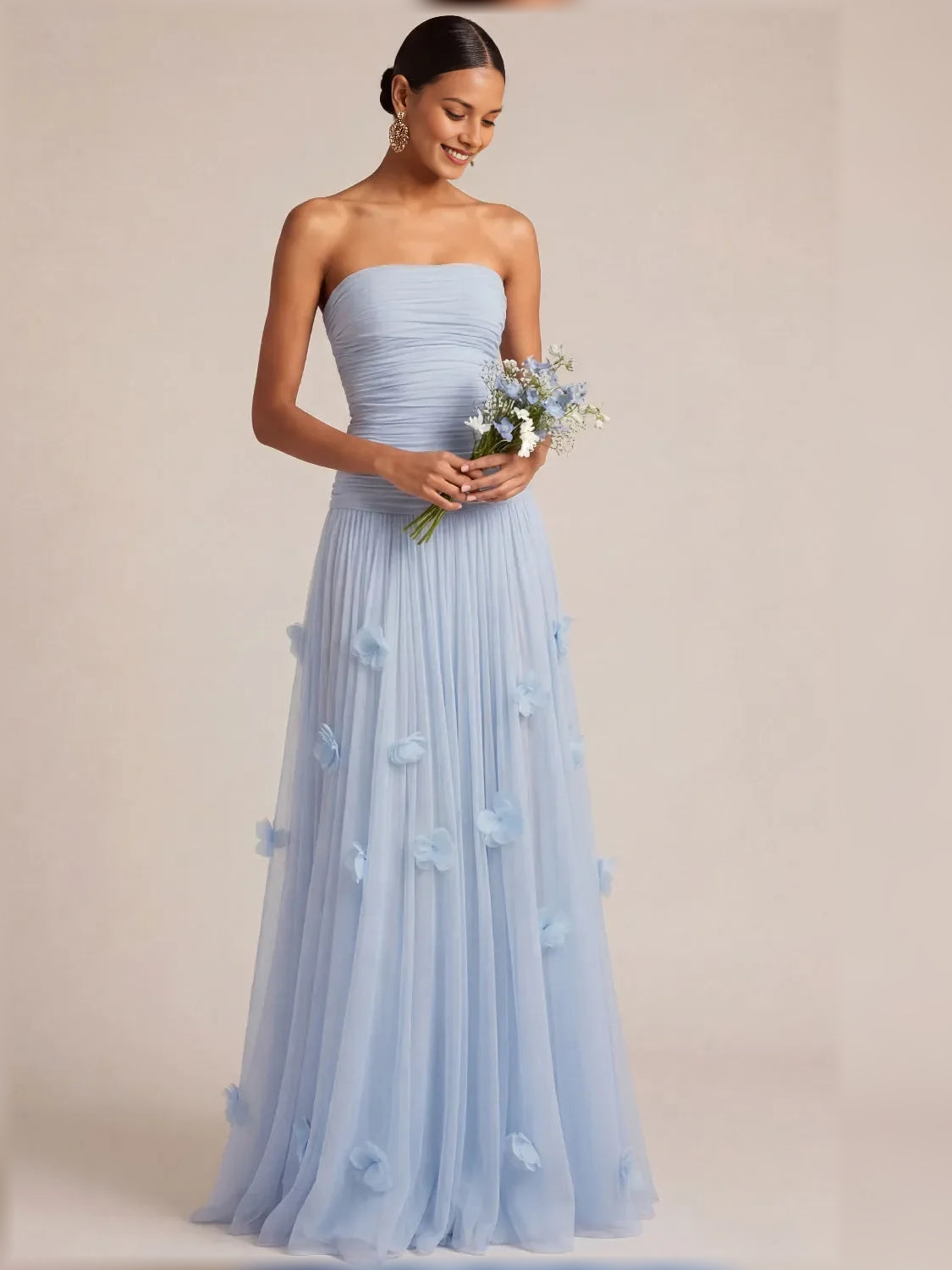 Light Blue a-line floor-length formal dress with strapless neckline, full-length front view