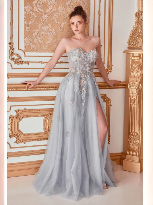 Light Blue floor-length prom dress, front view showing the a-line silhouette