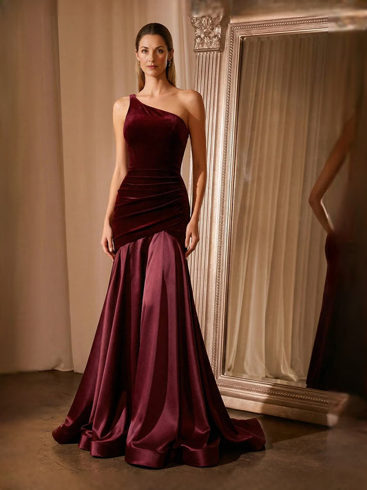 Deep Red floor-length mother of the bride dress, front view showing the mermaid silhouette