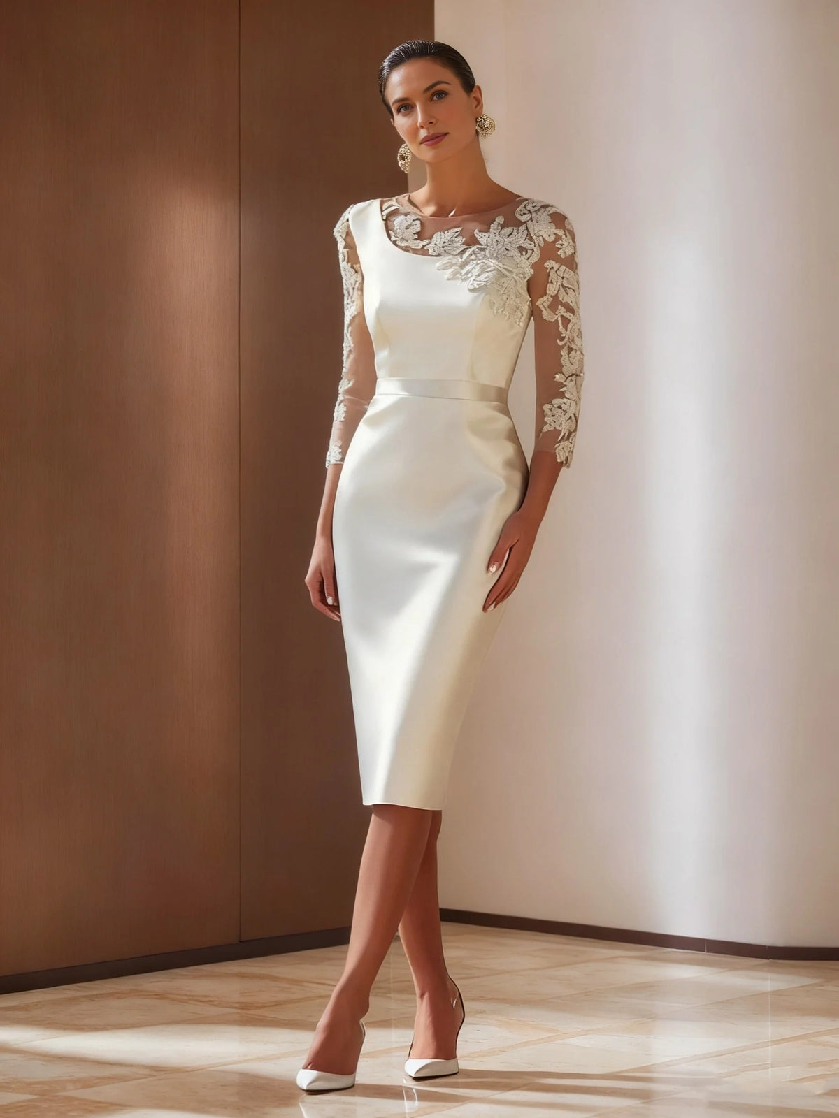 Ivory white midi mother of the bride dress, front view showing the a-line silhouette