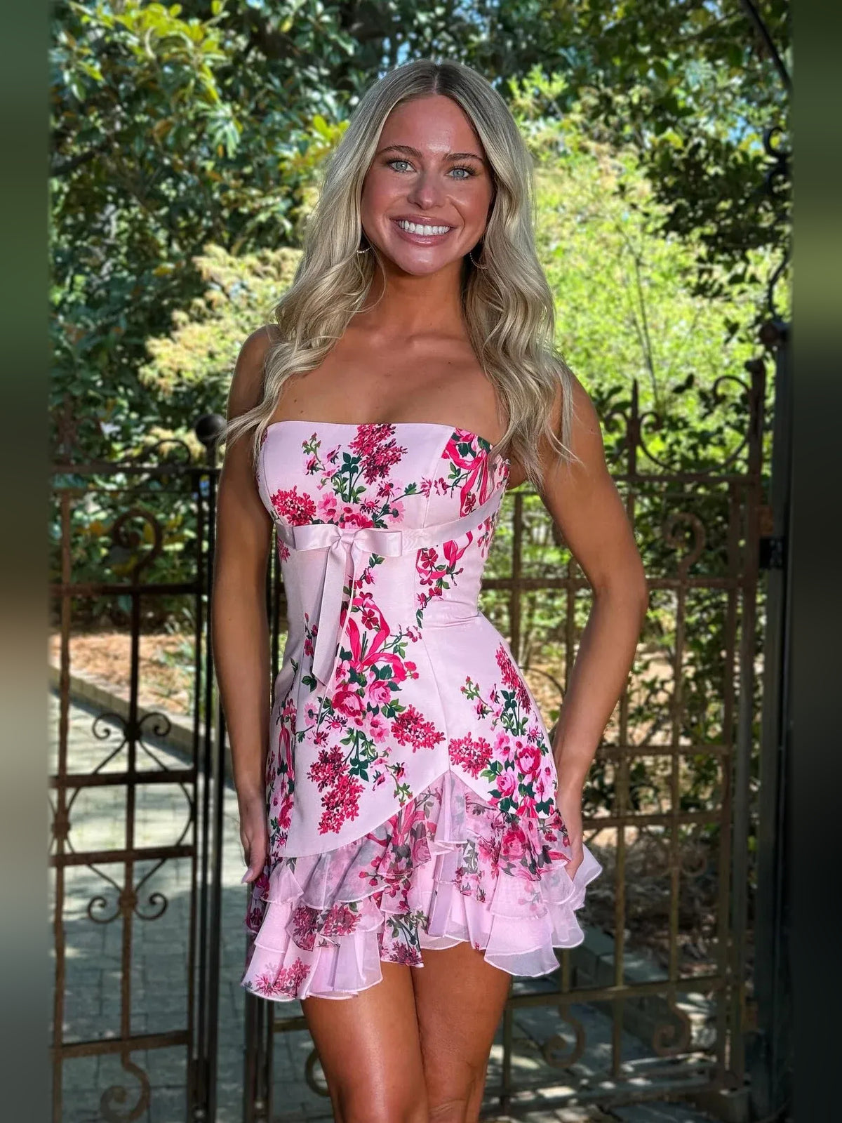 Pink mini homecoming dress, alternate view showing the full-length silhouette