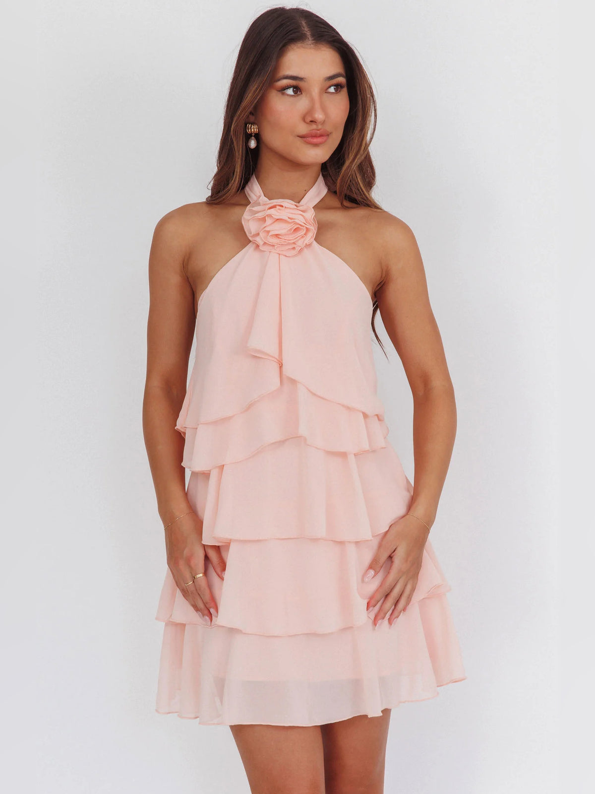 Pink mini homecoming dress, front view showing the silhouette