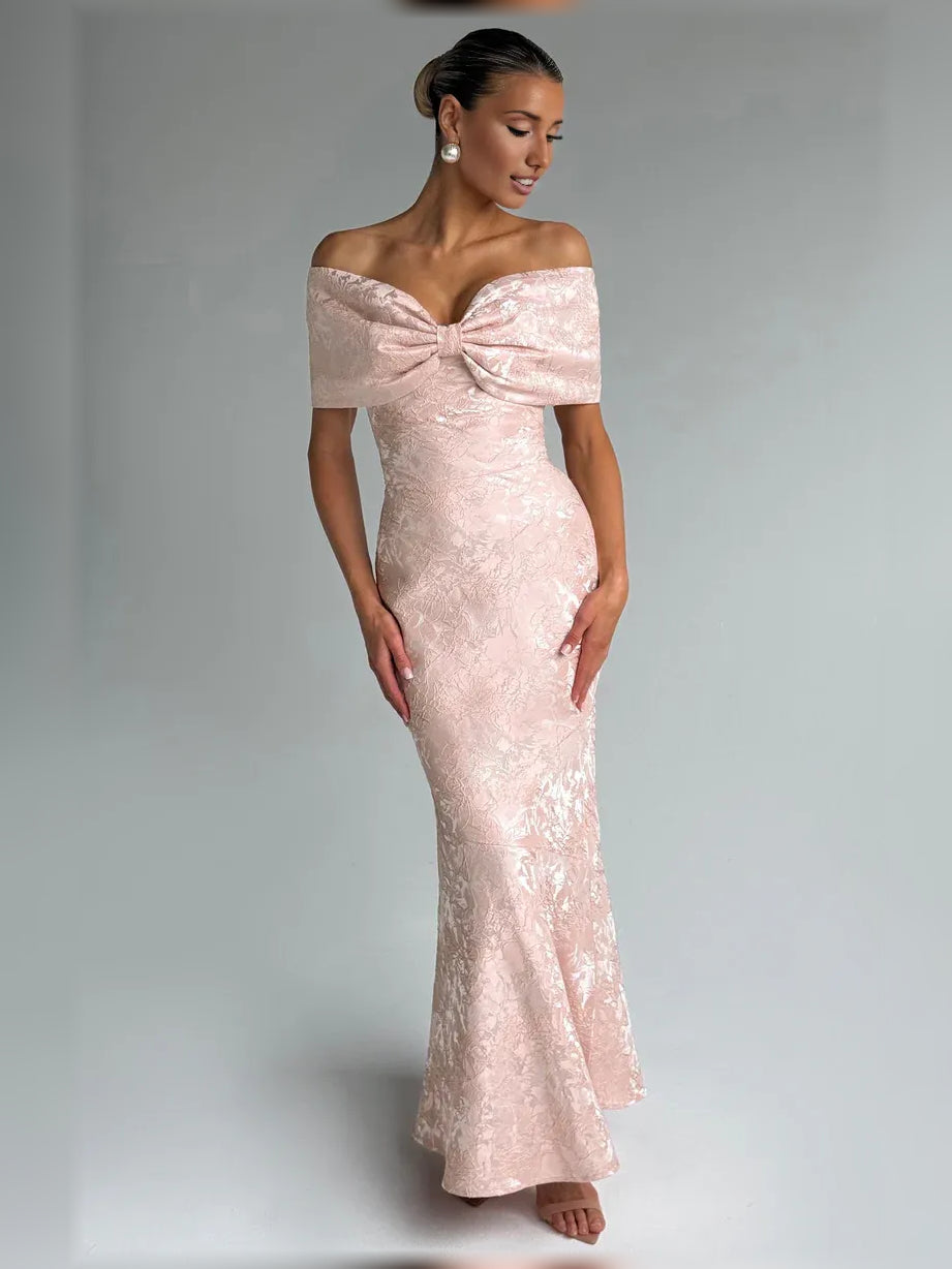 Peach mermaid floor-length formal dress with off-the-shoulder neckline, full-length front view
