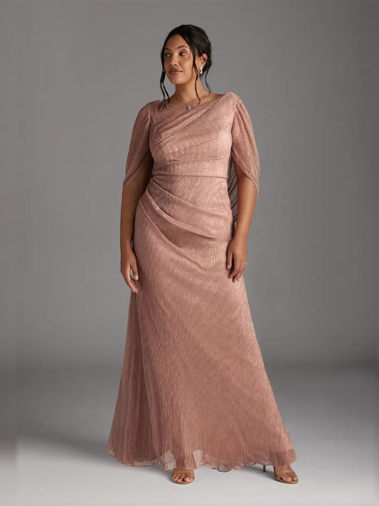 Rose Gold maxi mother of the bride dress, front view showing the sheath silhouette