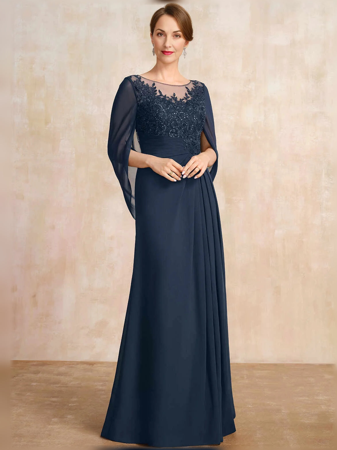 Dark Blue floor-length mother of the bride dress, front view showing the a-line silhouette