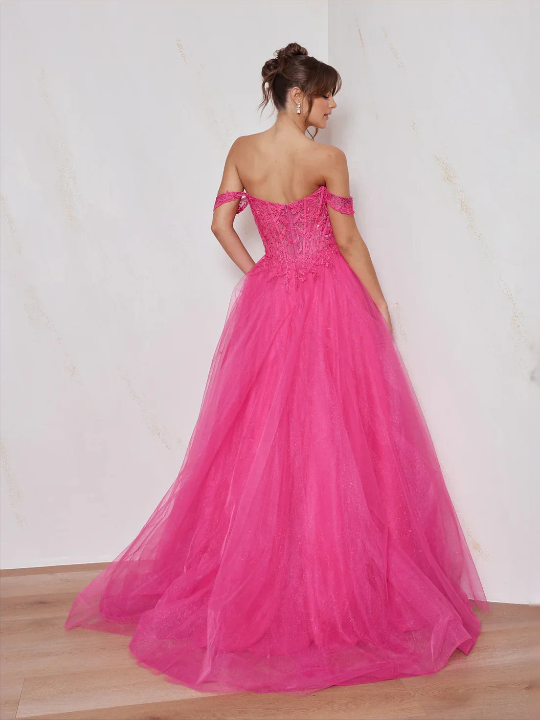 Fuchsia maxi prom dress, front view showing the a-line silhouette
