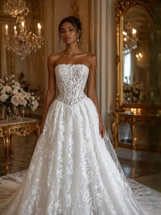 Ivory floor-length wedding dress, front view showing the a-line silhouette