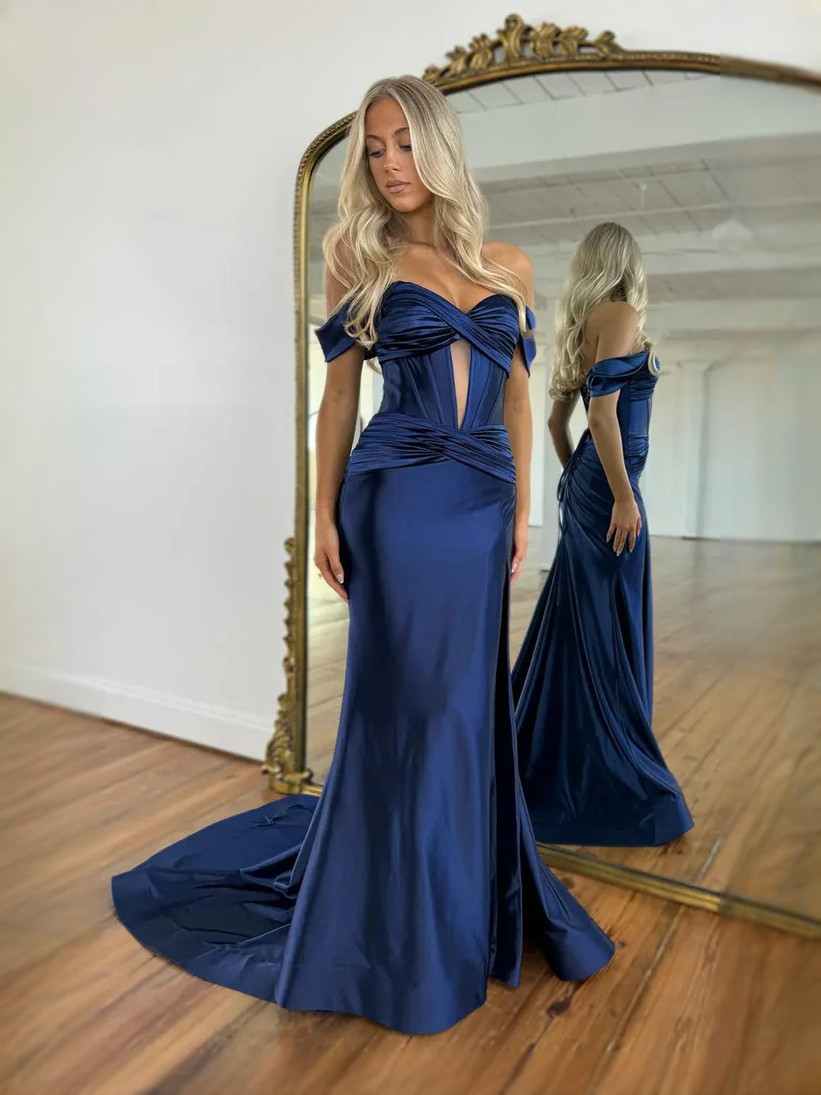 Navy Blue floor-length prom dress, front view showing the mermaid silhouette