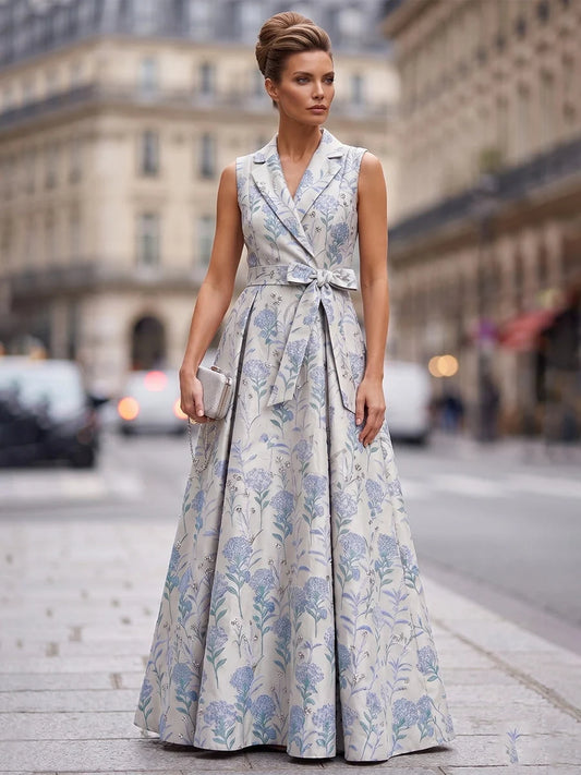 Blue floor-length mother of the bride dress, front view showing the a-line silhouette