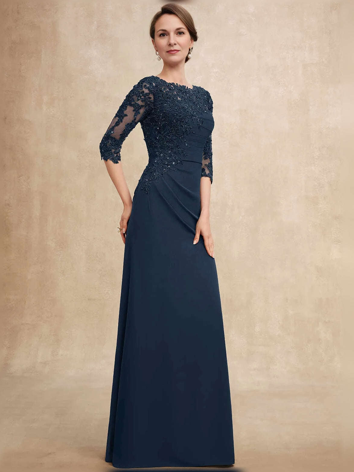 Dark Navy maxi mother of the bride dress, front view showing the sheath silhouette