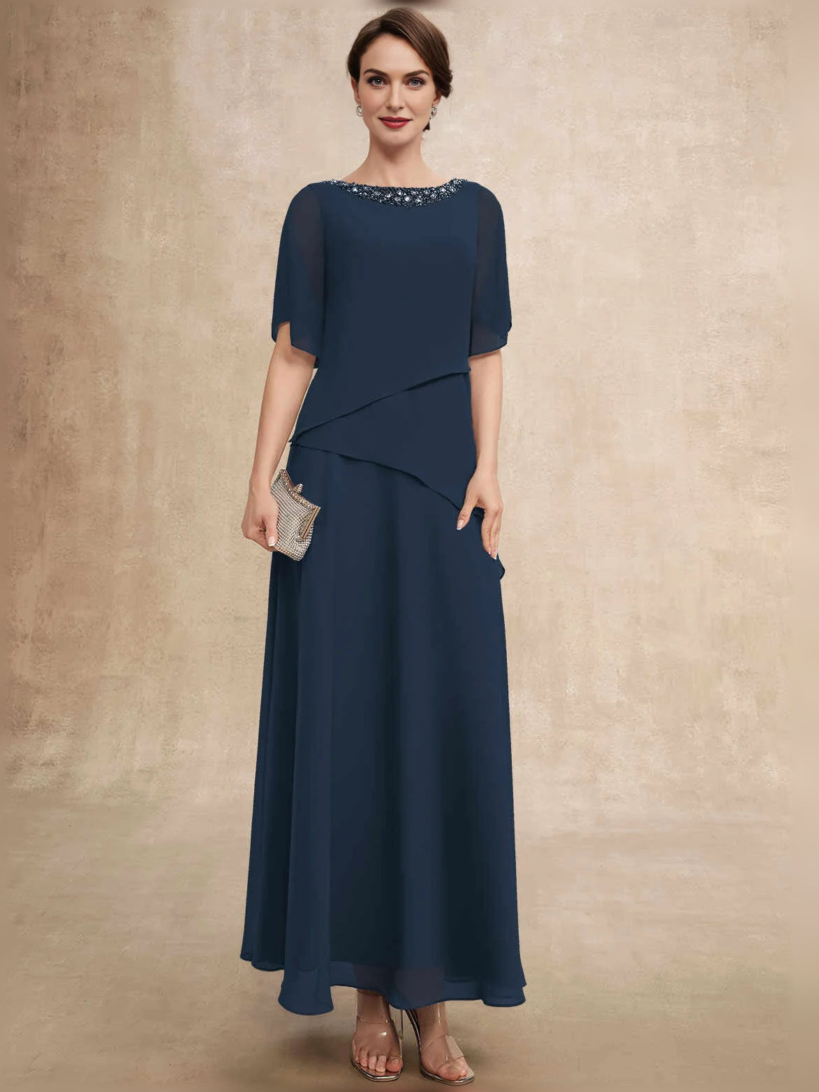 Dark Navy floor-length mother of the bride dress, front view showing the a-line silhouette