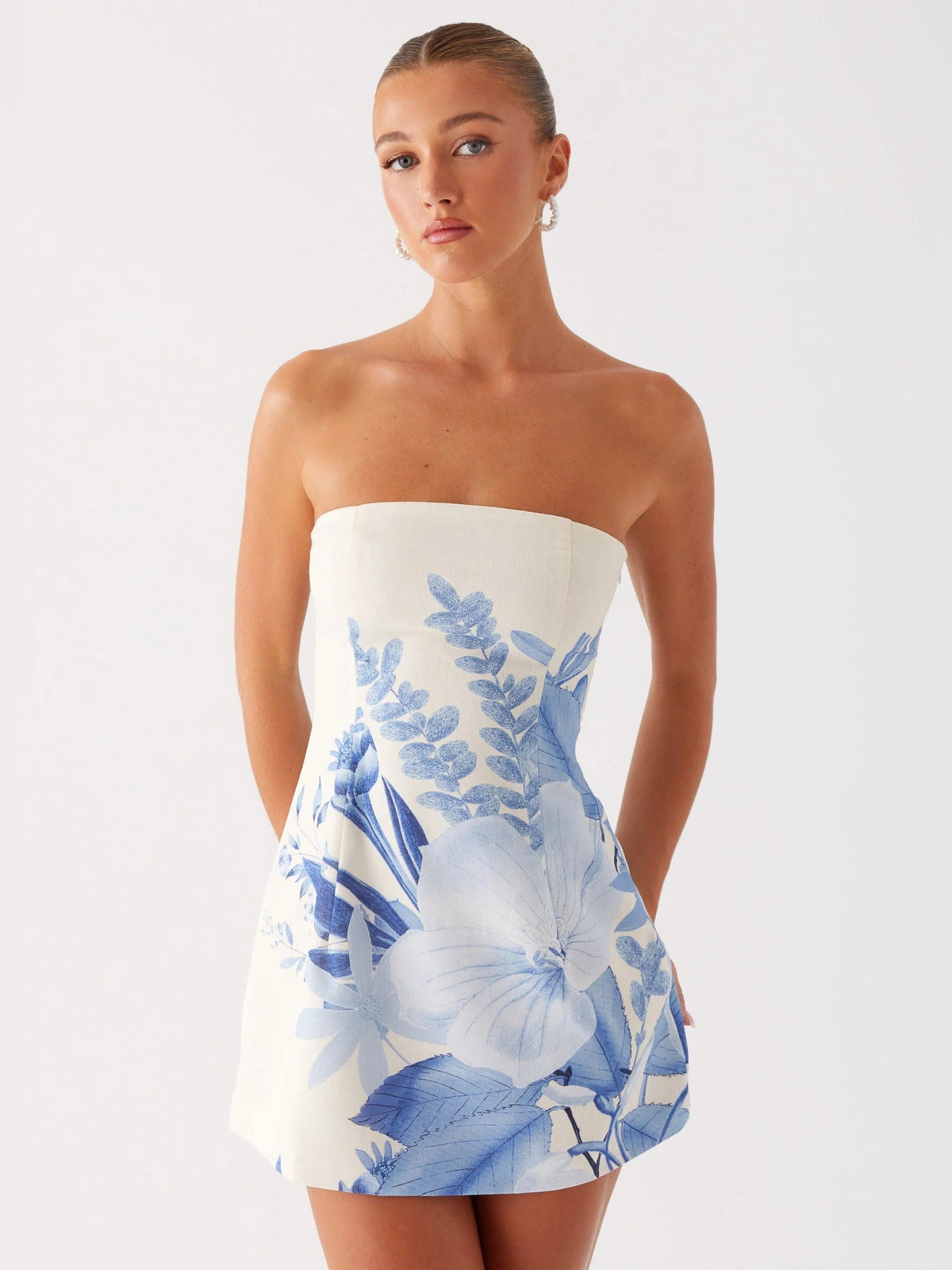 Blue Floral mini homecoming dress, front view showing the silhouette