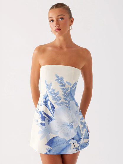 Blue Floral mini homecoming dress, front view showing the silhouette