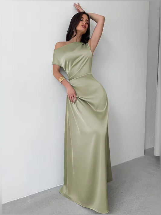 Olive Green sheath floor-length formal dress with one-shoulder neckline, full-length front view