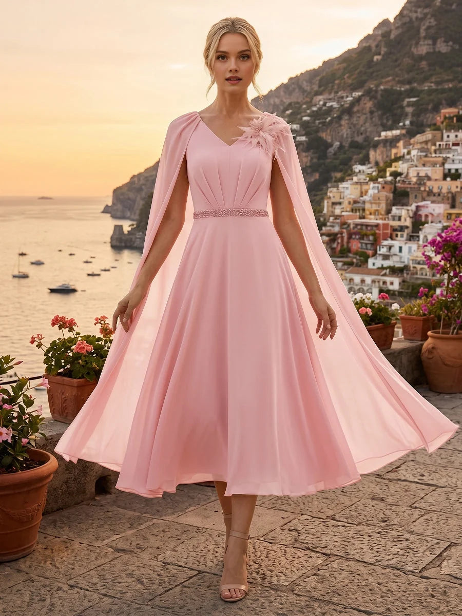 Blush Pink midi mother of the bride dress, front view showing the a-line silhouette