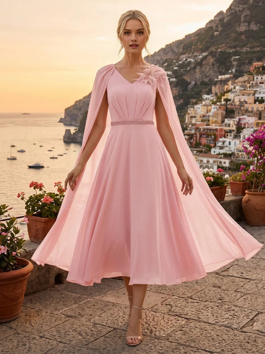 Blush Pink midi mother of the bride dress, front view showing the a-line silhouette