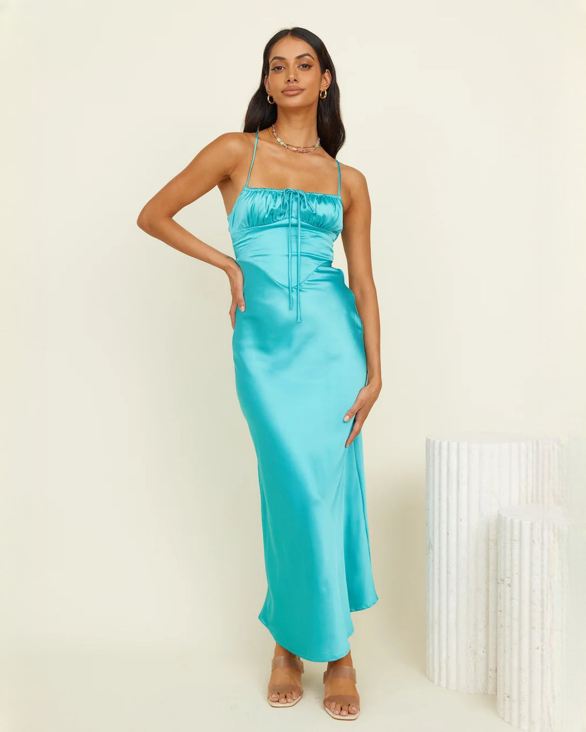 sleeveless satin a-line maxi bridesmaid dress - image 1