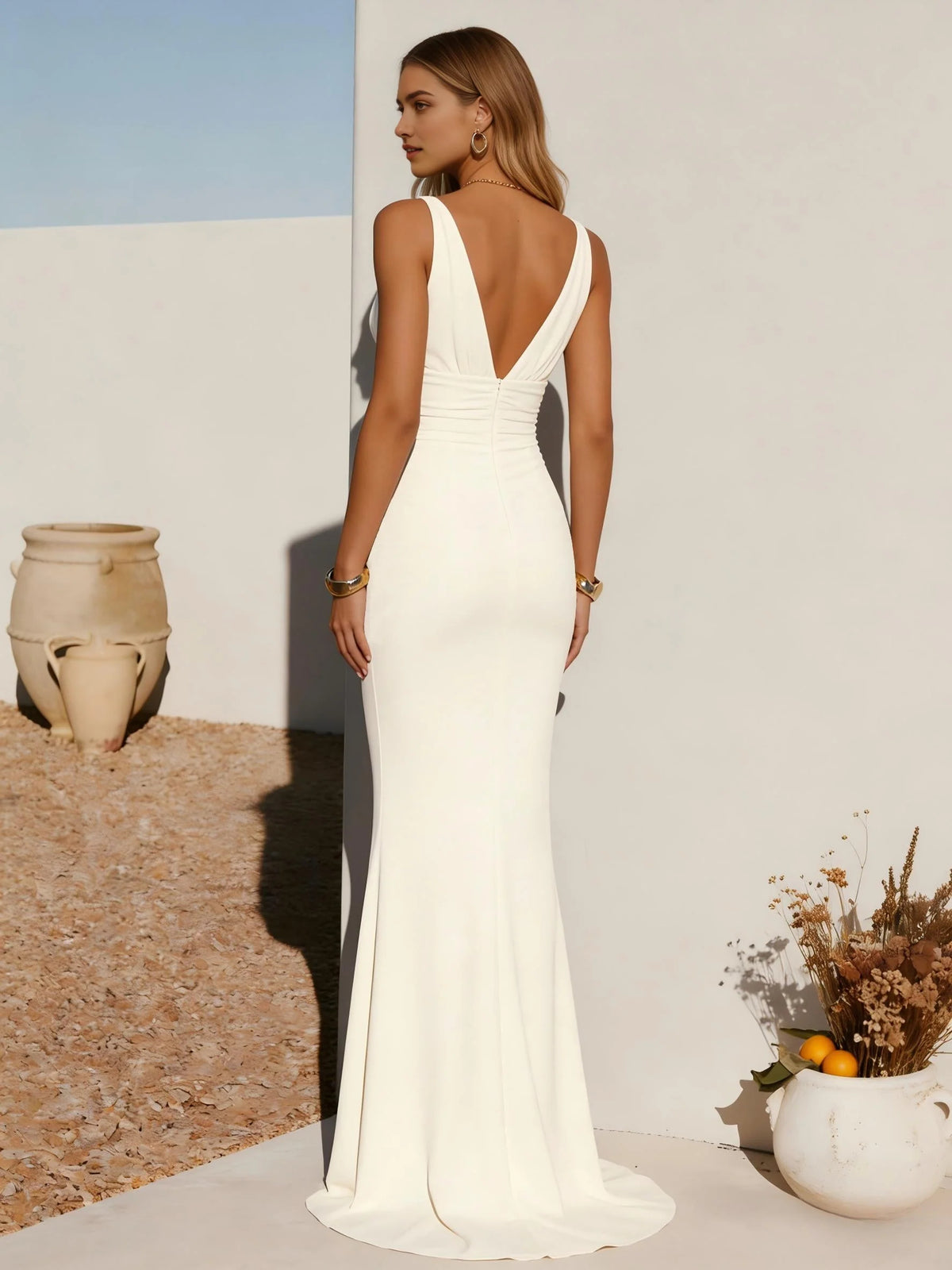Ivory white maxi bridesmaid dress, front view showing the mermaid silhouette
