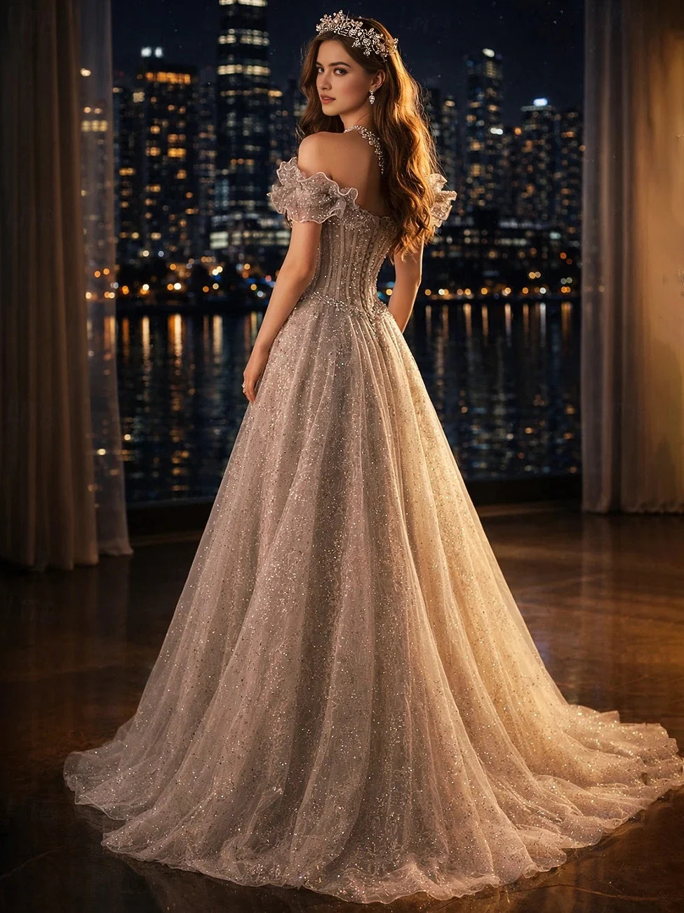 Light Gray floor-length prom dress, front view showing the a-line silhouette