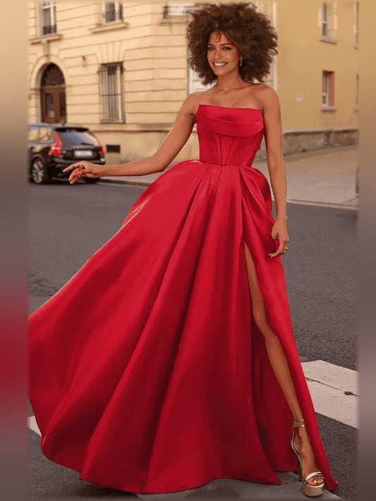 Red a-line floor-length formal dress with strapless neckline, full-length front view
