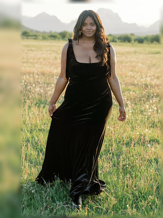Black floor-length bridesmaid dress, front view showing the mermaid silhouette