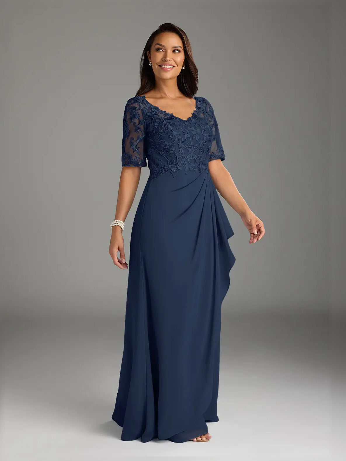 Dark Navy maxi mother of the bride dress, front view showing the a-line silhouette