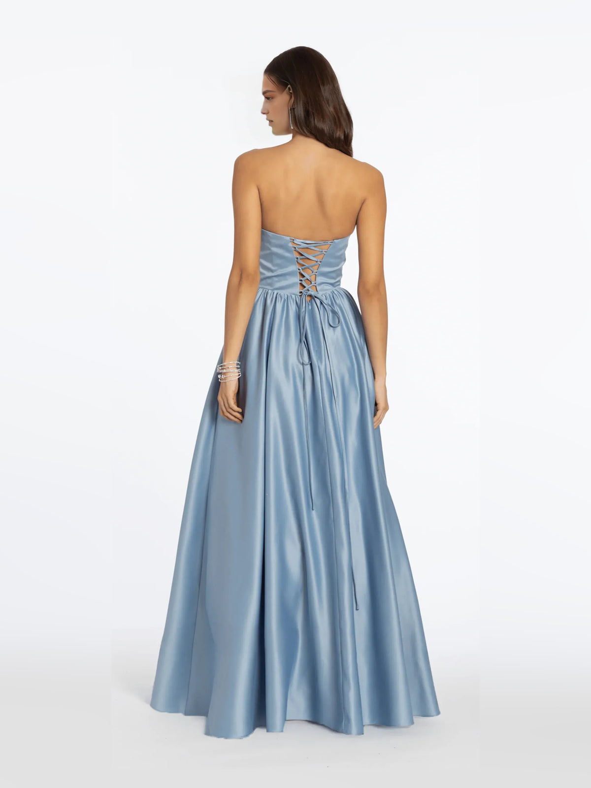 Dusty Blue floor-length prom dress, front view showing the a-line silhouette
