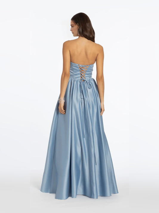 Dusty Blue floor-length prom dress, front view showing the a-line silhouette