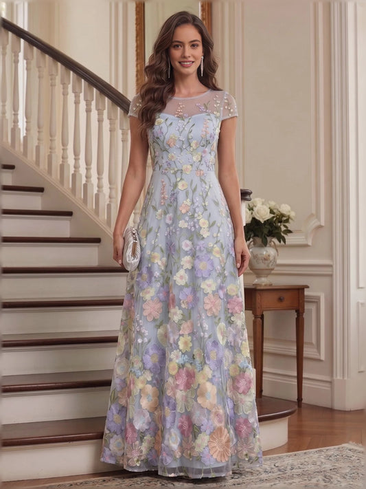 Dusty Blue floor-length mother of the bride dress, front view showing the a-line silhouette
