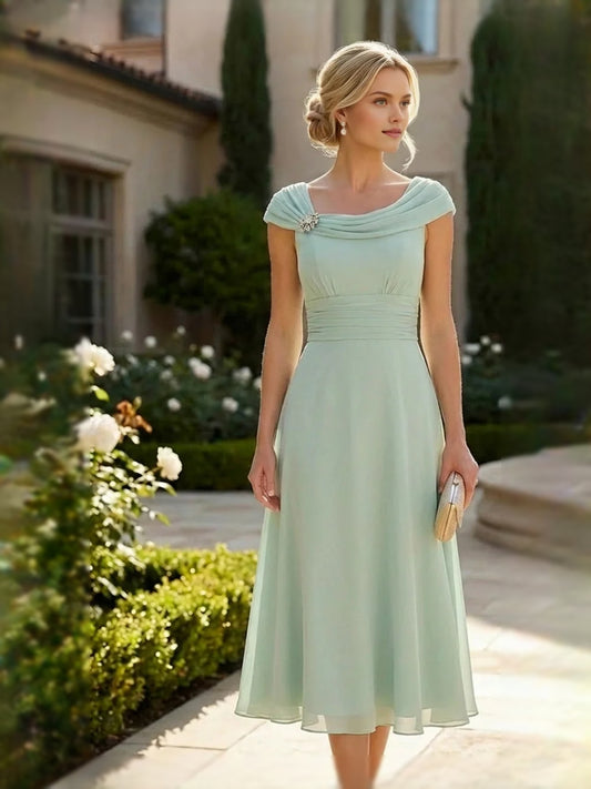 Dusty Sage midi mother of the bride dress, front view showing the a-line silhouette