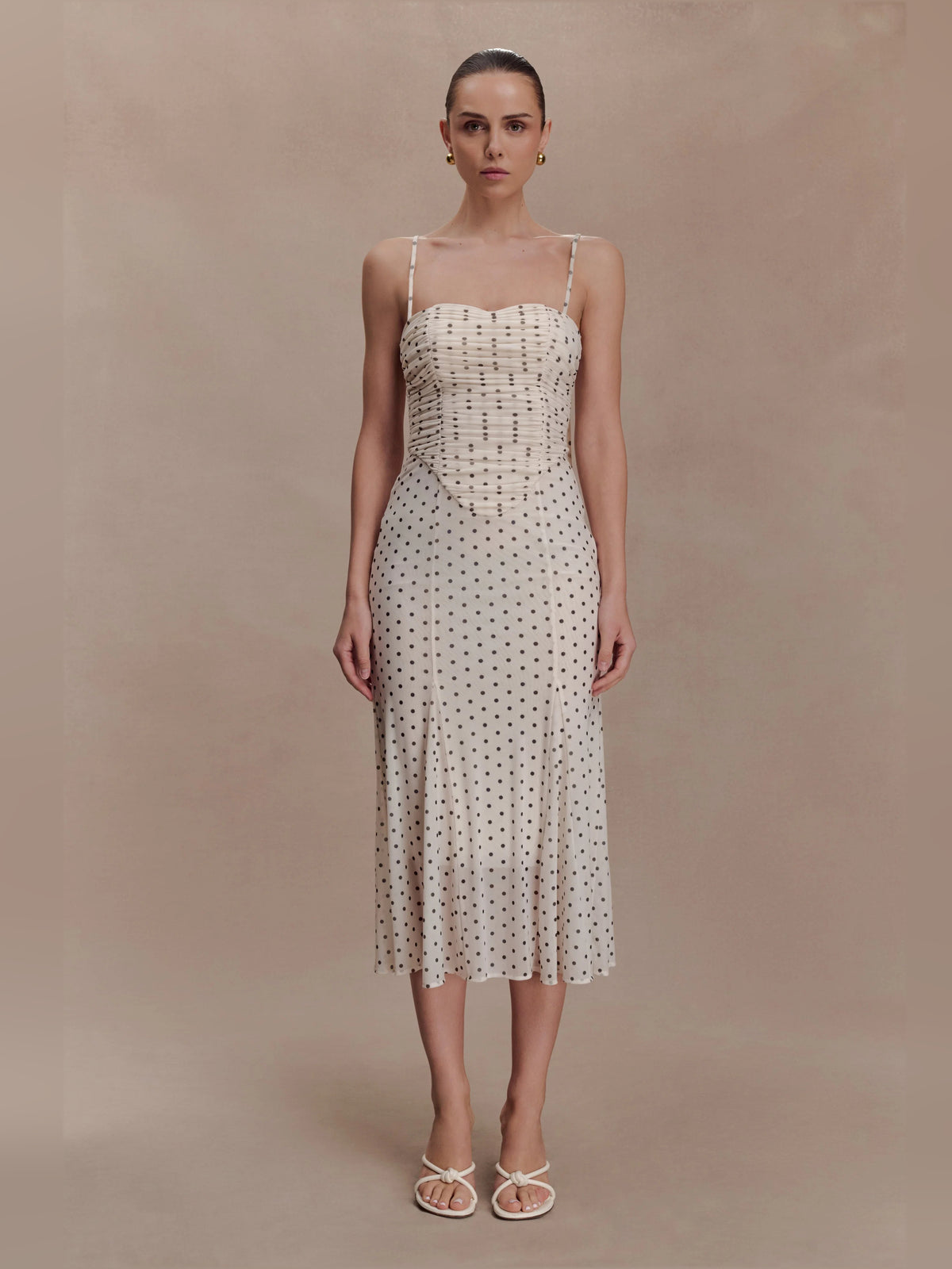 Polka Dot midi formal dress with printed pattern, full-length front view