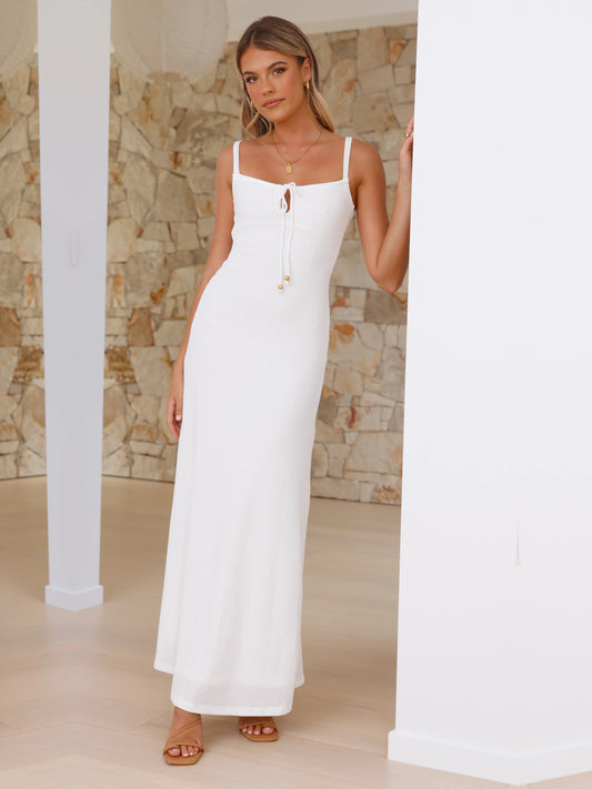 White sheath maxi formal dress with square neckline, full-length front view