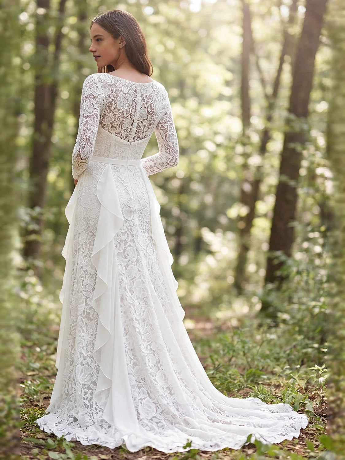 Ivory floor-length wedding dress, front view showing the a-line silhouette