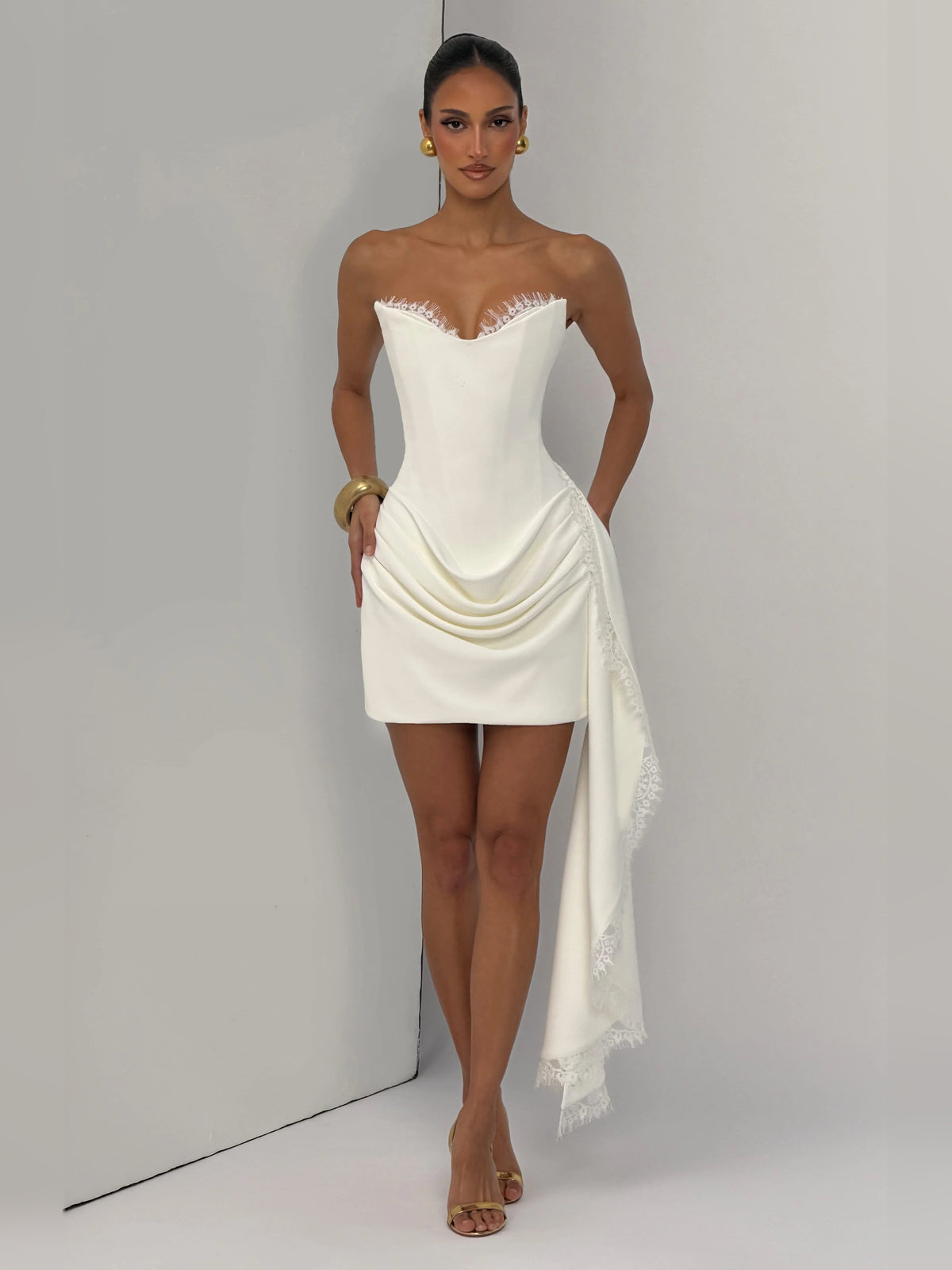 Ivory mini homecoming dress, front view showing the silhouette