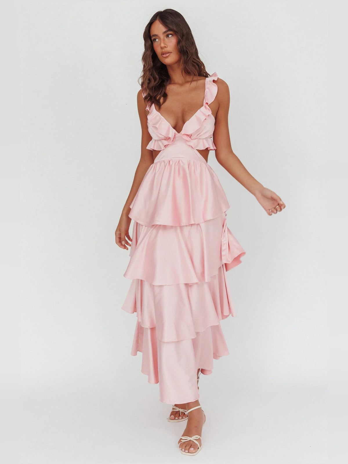 Blush a-line maxi formal dress with V-neckline, full-length front view