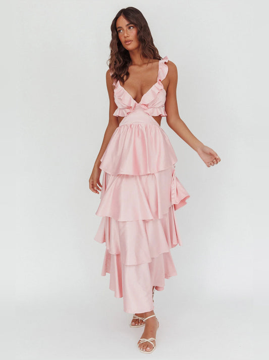 Blush a-line maxi formal dress with V-neckline, full-length front view