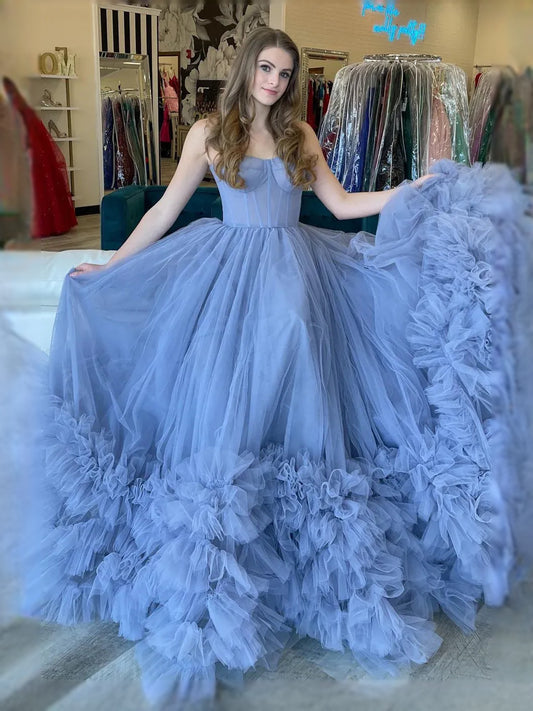 Periwinkle maxi prom dress, front view showing the a-line silhouette
