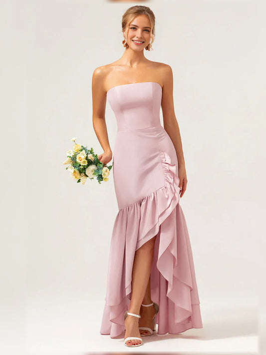 Light Pink sheath floor-length formal dress with strapless neckline, full-length front view