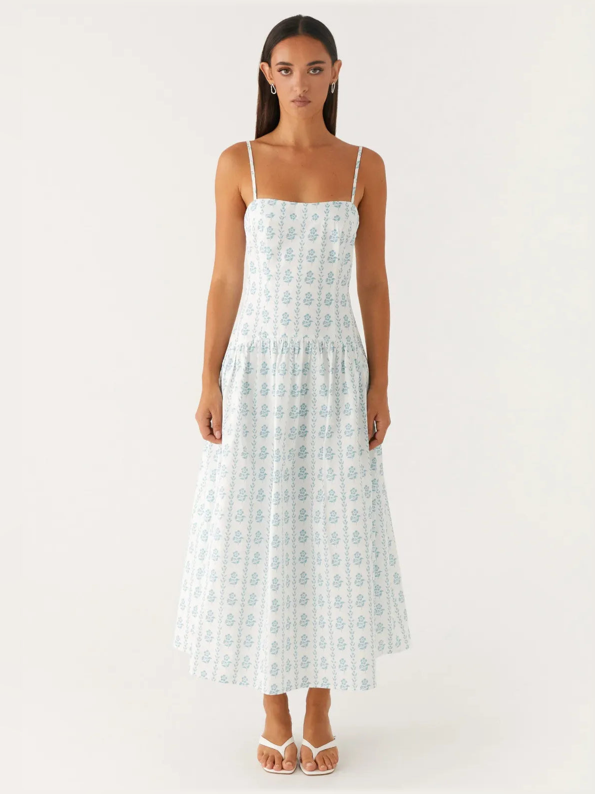 Print a-line midi formal dress with square neckline, full-length front view