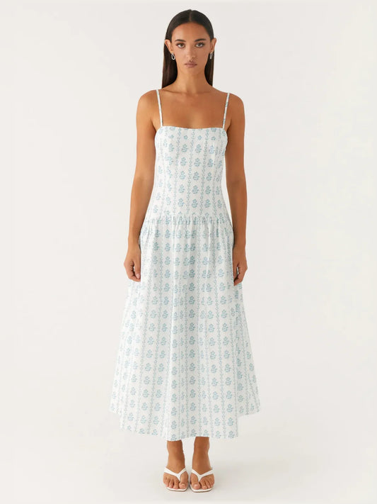 Print a-line midi formal dress with square neckline, full-length front view