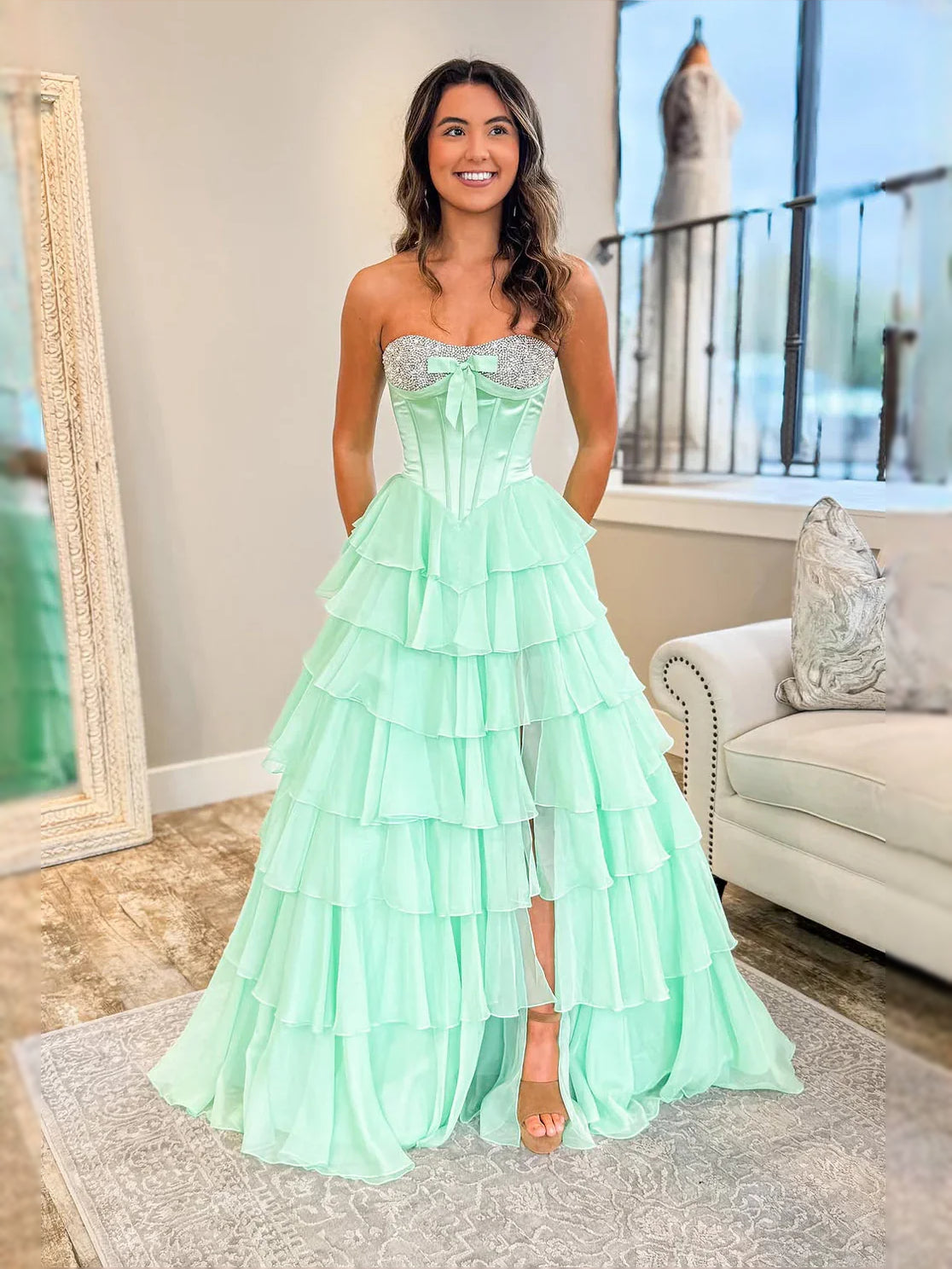 Mint Green maxi prom dress, front view showing the a-line silhouette