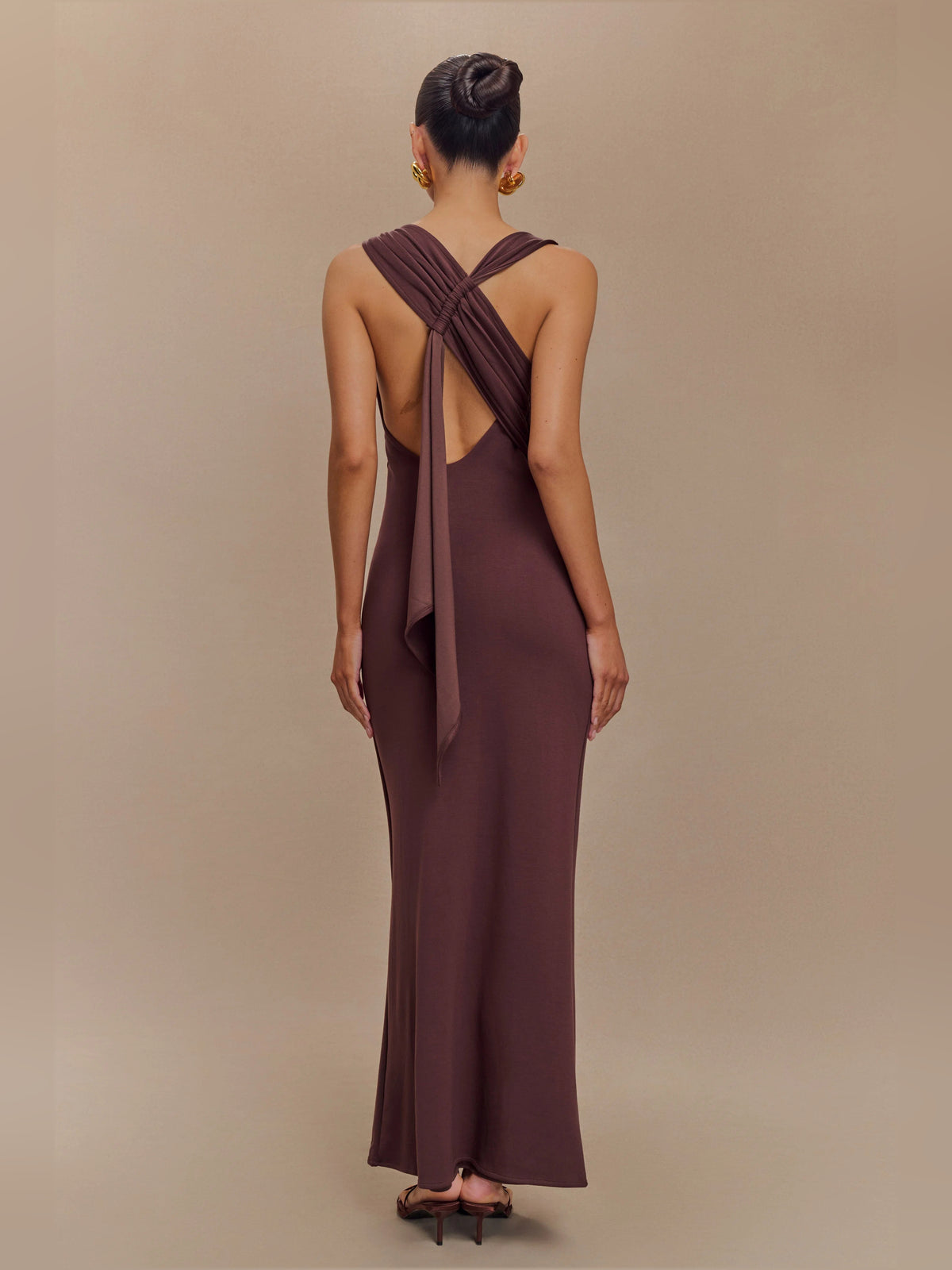 Brown midi formal dress, full-length front view