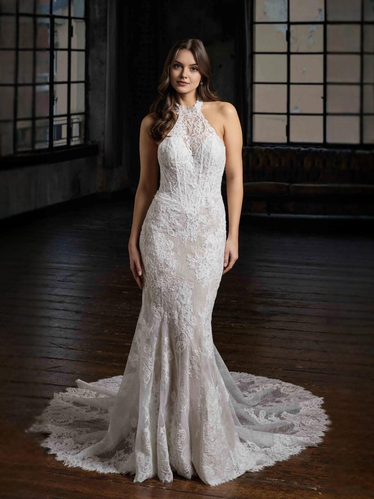 Ivory floor-length wedding dress, front view showing the mermaid silhouette