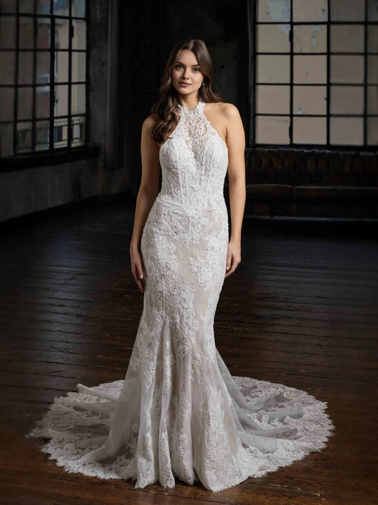 Ivory floor-length wedding dress, front view showing the mermaid silhouette