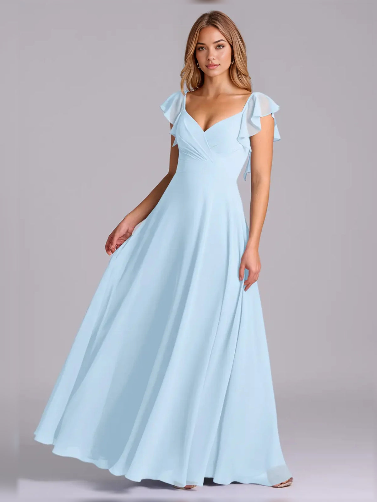 Light Blue maxi bridesmaid dress, front view showing the a-line silhouette
