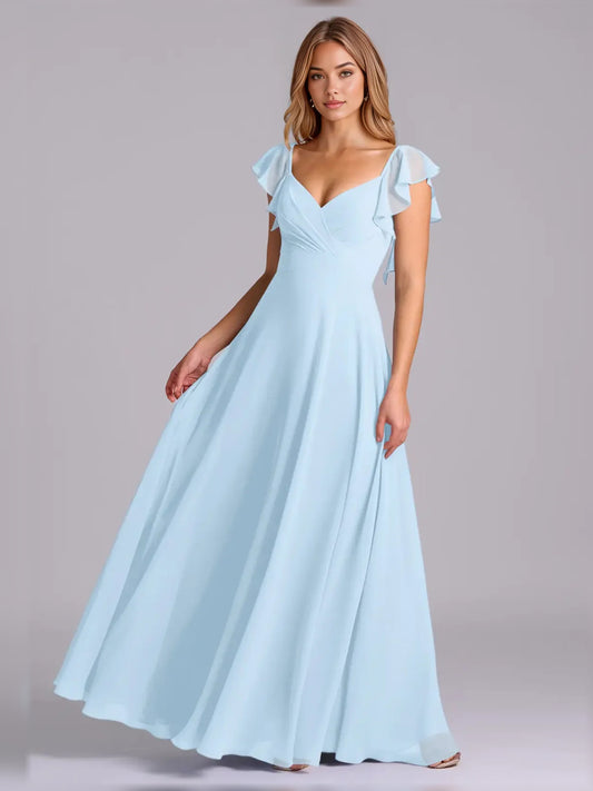 Light Blue maxi bridesmaid dress, front view showing the a-line silhouette