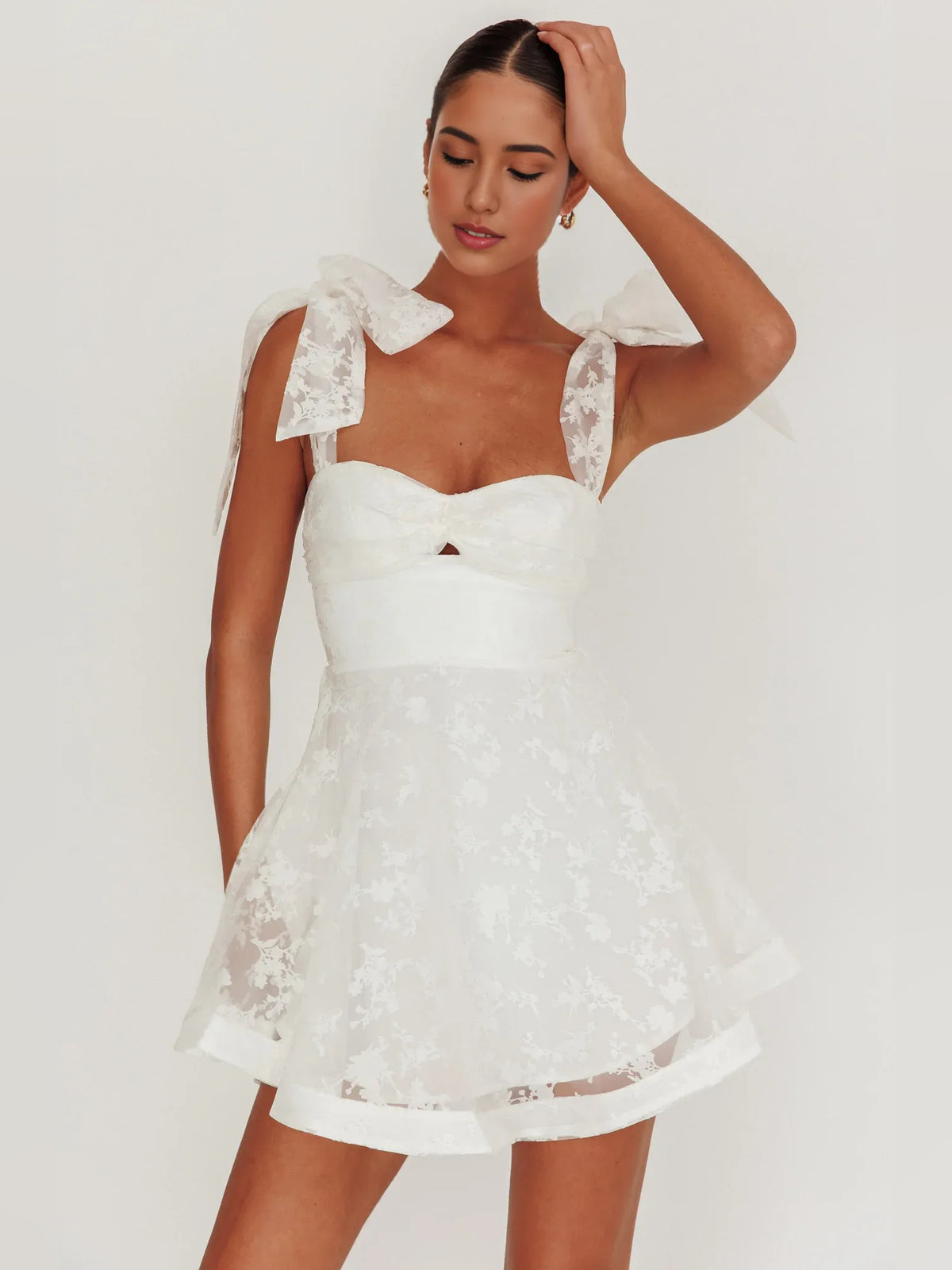 Ivory mini homecoming dress, alternate view showing the full-length silhouette