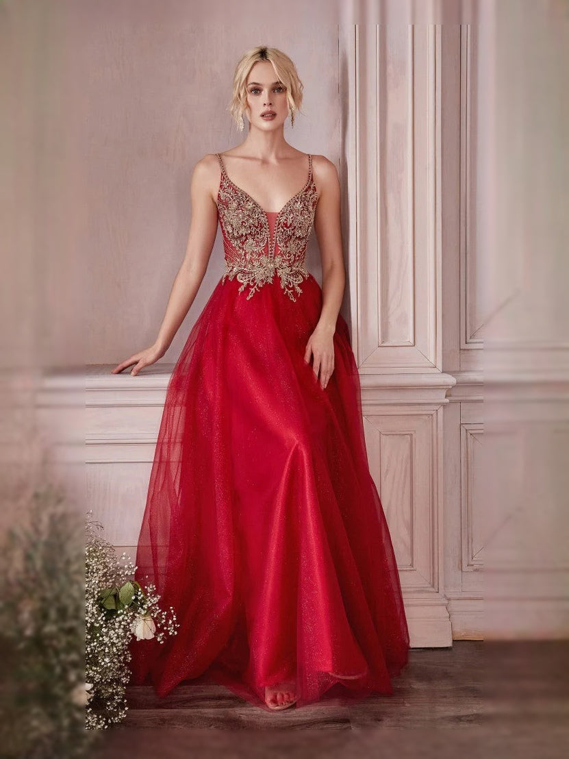 Deep Red floor-length prom dress, front view showing the a-line silhouette
