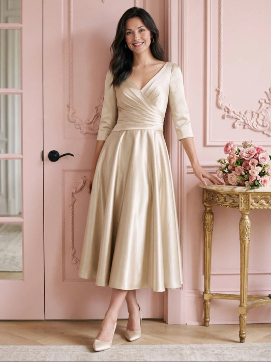 Ivory white midi mother of the bride dress, front view showing the a-line silhouette