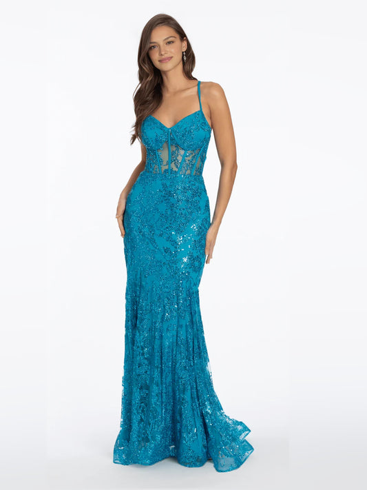 Turquoise floor-length prom dress, front view showing the mermaid silhouette